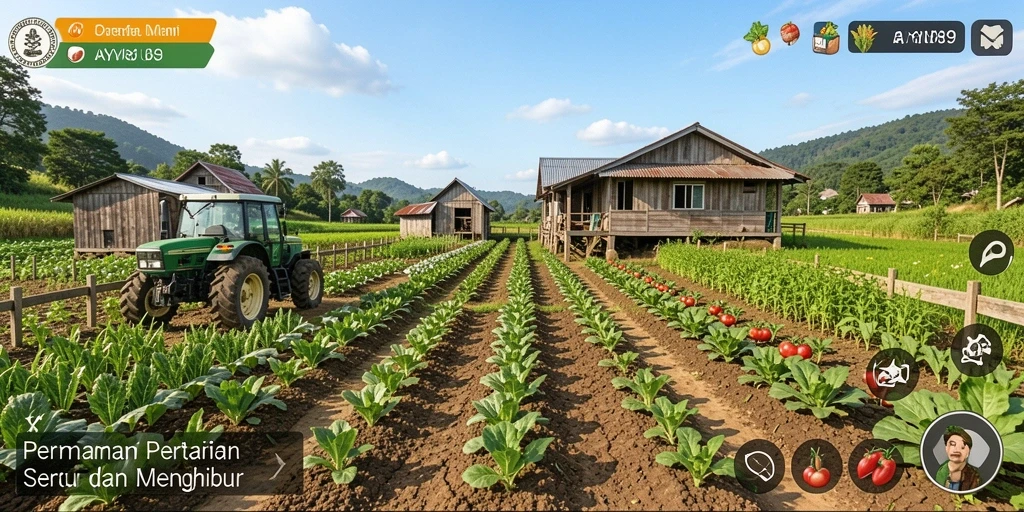 Tampilan gameplay AYU89 dengan kebun yang subur dan beragam tanaman.
