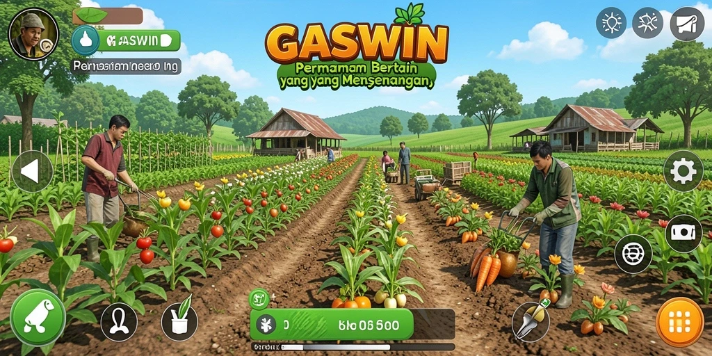 Tampilan gameplay GASWIN yang menampilkan ladang yang subur.